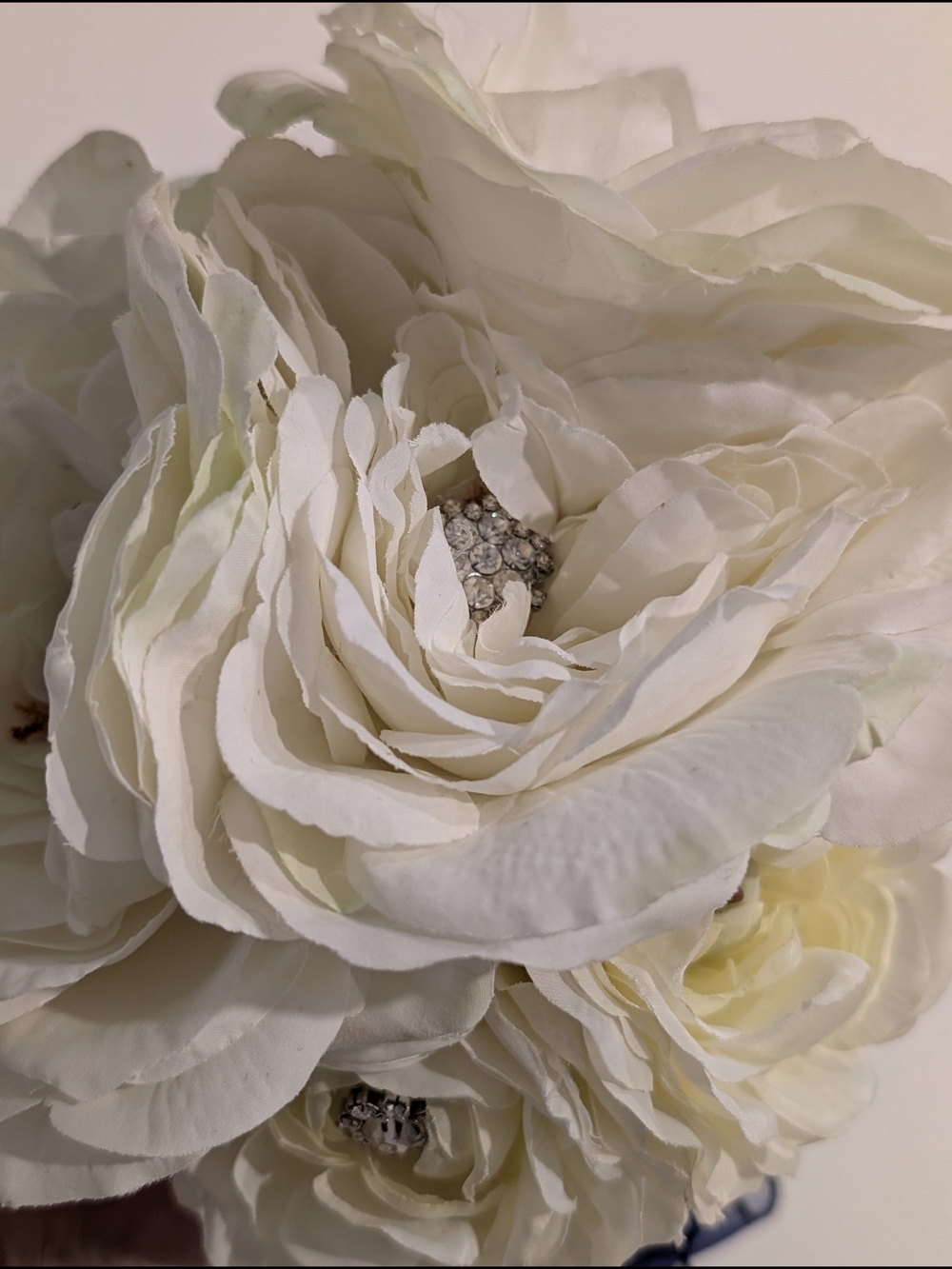 Artificial Bridal Bouquet - White Peony with Sparkles & Navy Blue Ribbon Handle - Picture 6 of 10